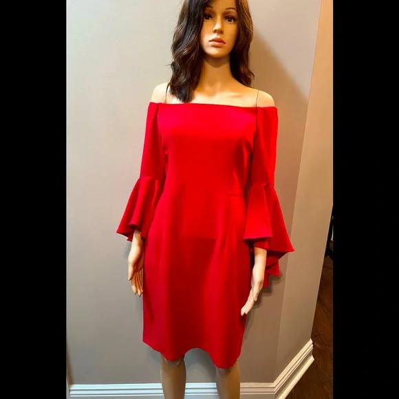 Boston Proper Red Flare Sleeves Off Shoulder Boho Hipster Chic SzM - Picture 3 of 10